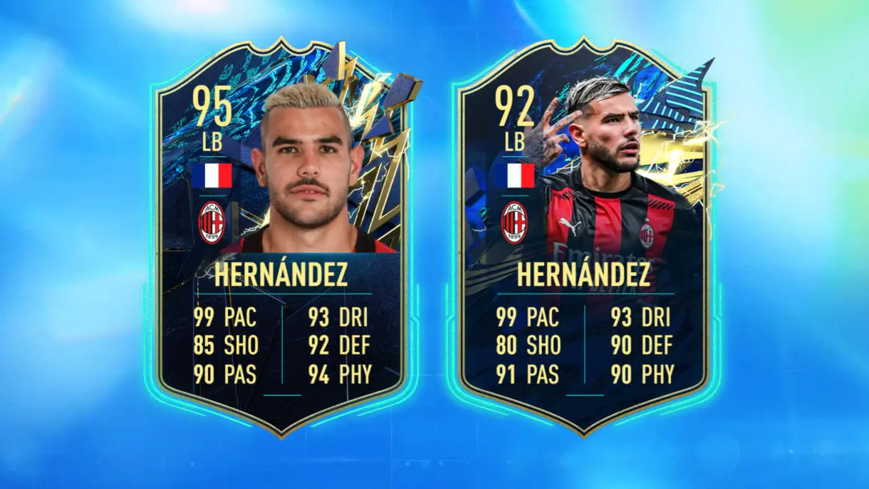 Comparativa cartas de Theo. TOTS filtrado FIFA 22 Ultimate Team y TOTS oficial FIFA 21