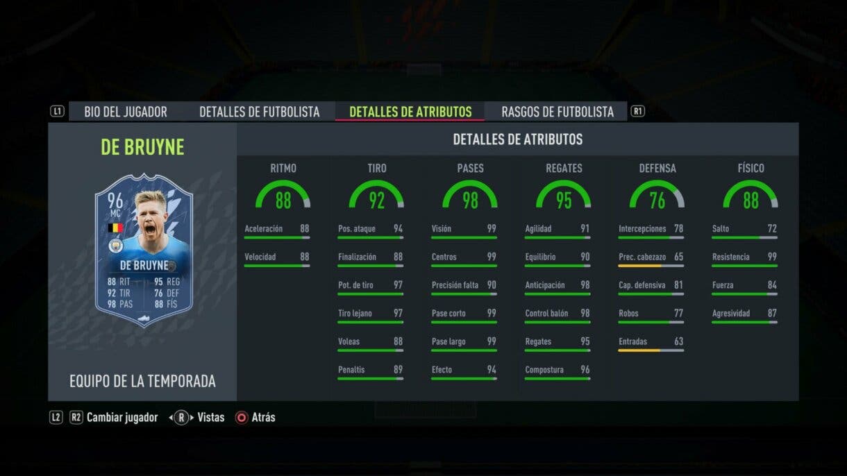 Stats in game De Bruyne TOTS FIFA 22 Ultimate Team
