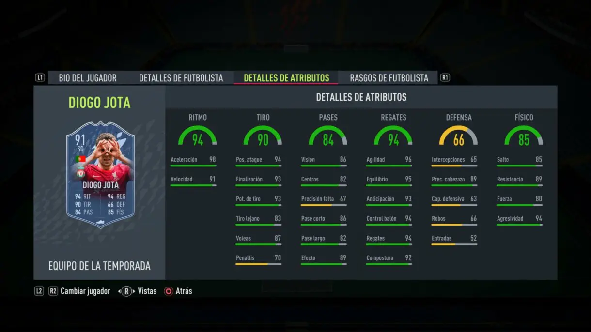 Stats in game Diogo Jota TOTS FIFA 22 Ultimate Team