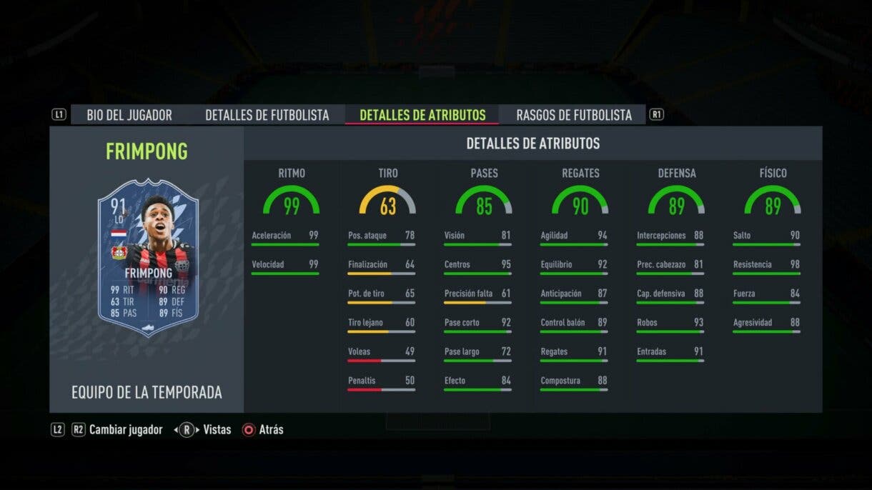 Stats in game Frimpong TOTS FIFA 22 Ultimate Team