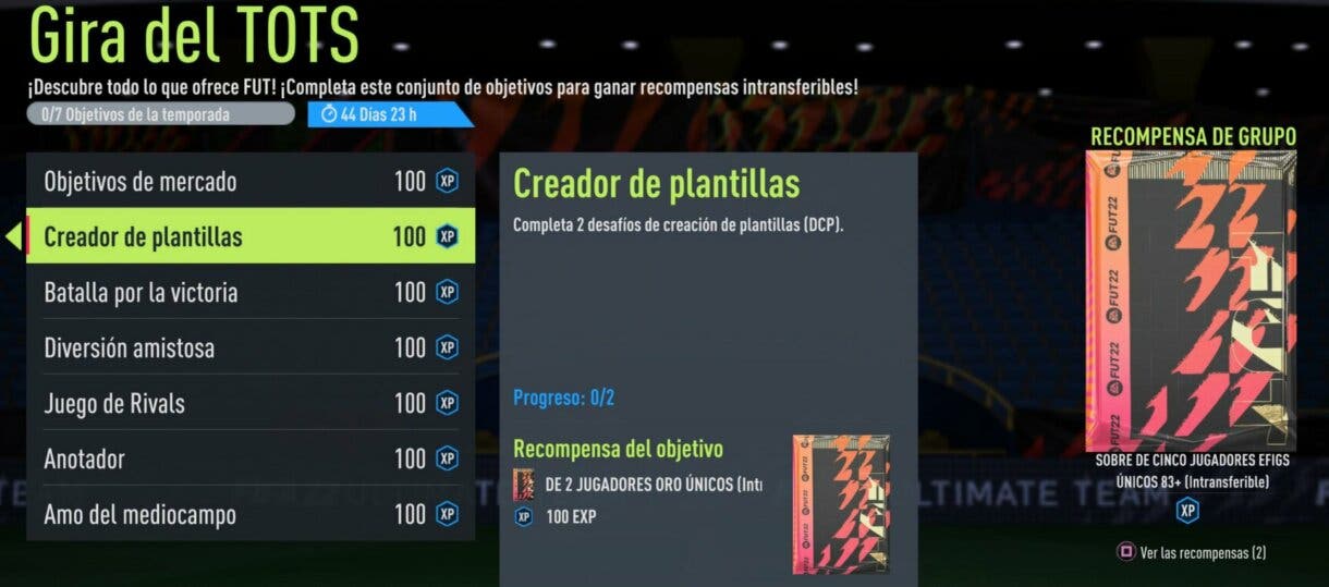 Menú Hitos, información "Gira del TOTS" FIFA 22 Ultimate Team