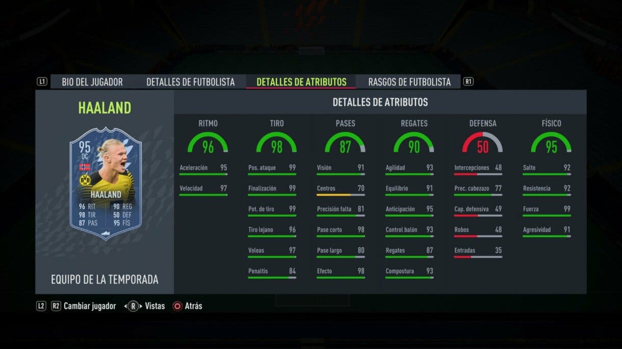 Stats in game Haaland TOTS FIFA 22 Ultimate Team