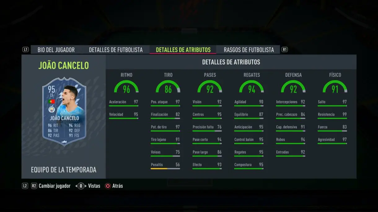 Stats in game Cancelo TOTS FIFA 22 Ultimate Team