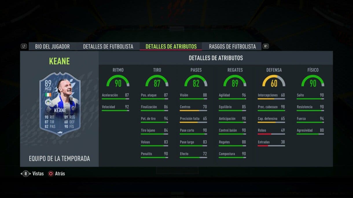Stats in game Keane TOTS FIFA 22 Ultimate Team