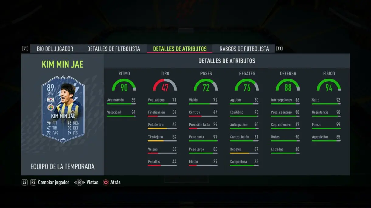 Stats in game Kim Min Jae TOTS FIFA 22 Ultimate Team