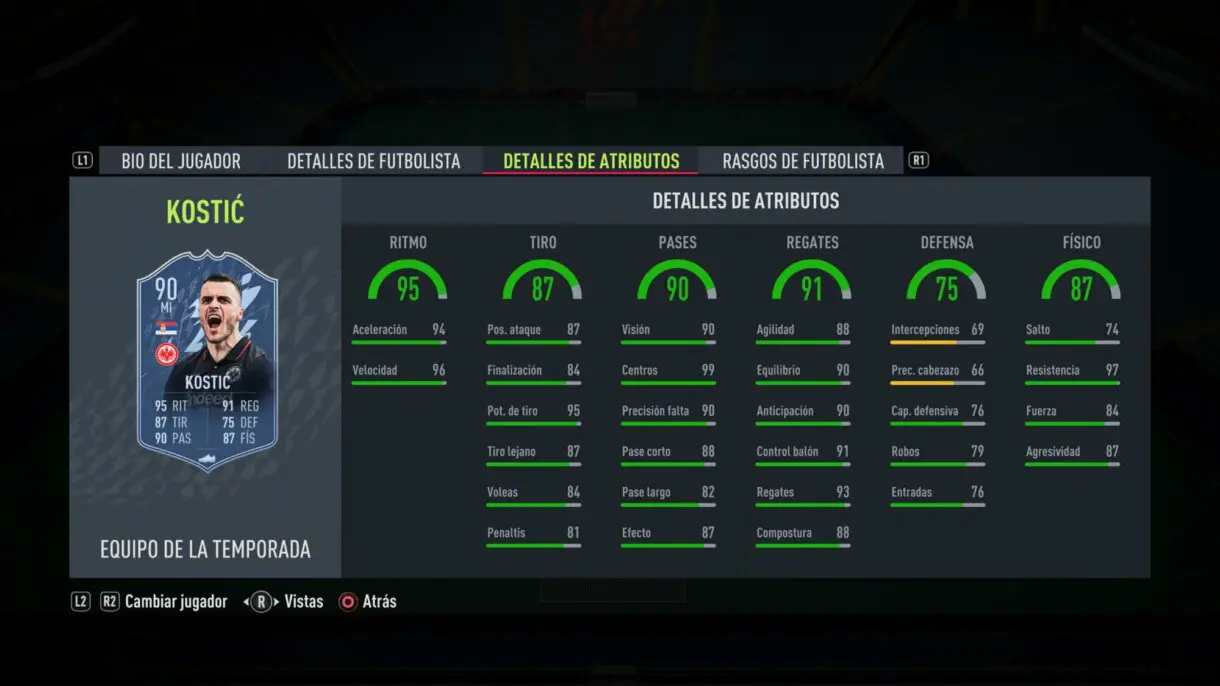Stats in game Kostic TOTS FIFA 22 Ultimate Team