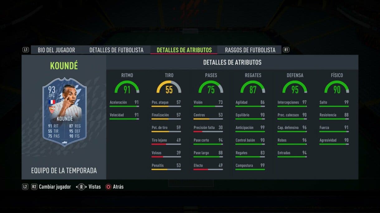 Stats in game Koundé TOTS FIFA 22 Ultimate Team