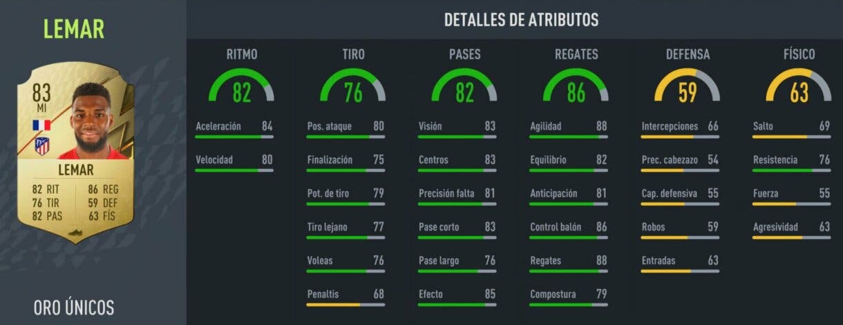 Stats in game Lemar oro FIFA 22 Ultimate Team