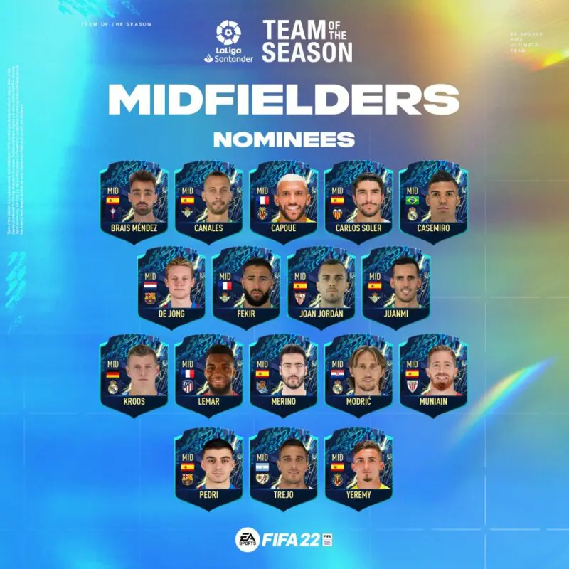Cartas mini de centrocampistas nominados al TOTS Liga Santander FIFA 22 Ultimate Team