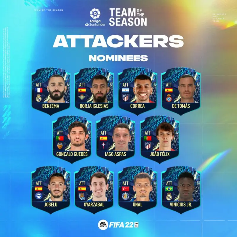 Cartas mini de atacantes nominados al TOTS Liga Santander FIFA 22 Ultimate Team