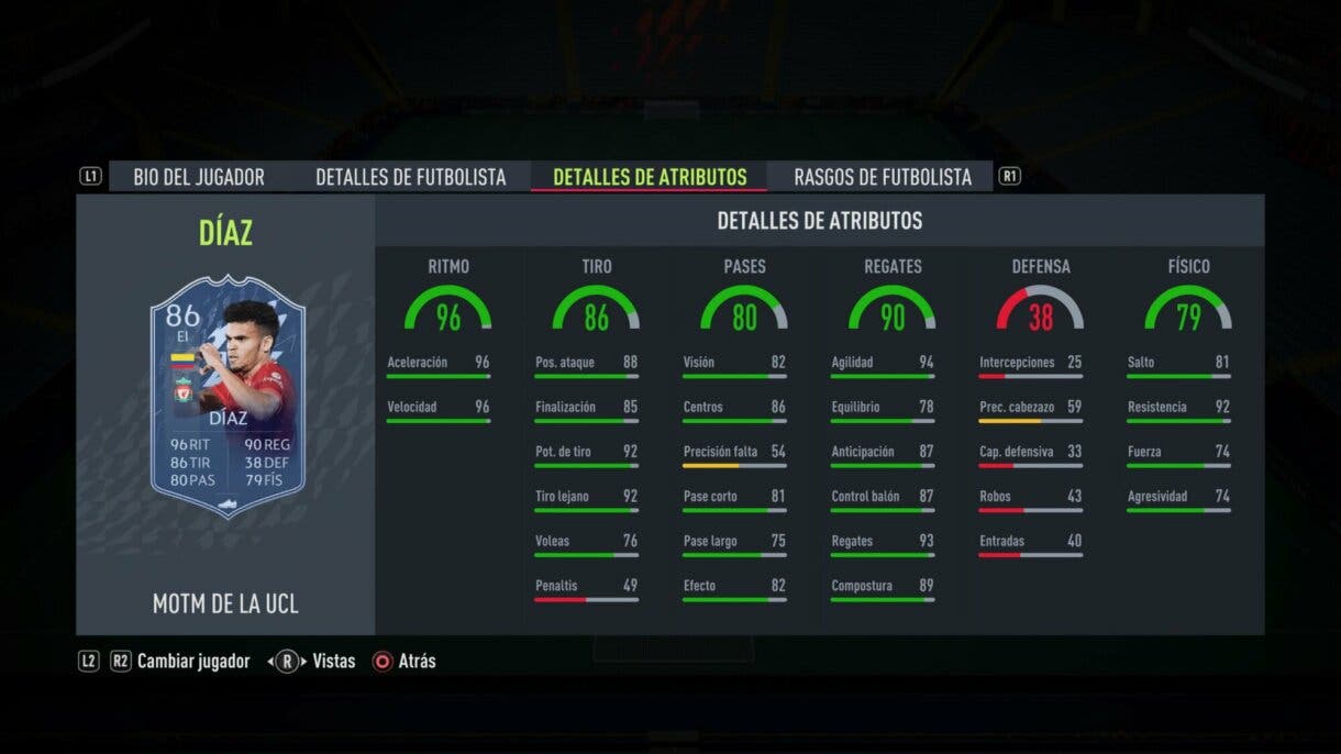 Stats in game Luis Díaz MOTM FIFA 22 Ultimate Team