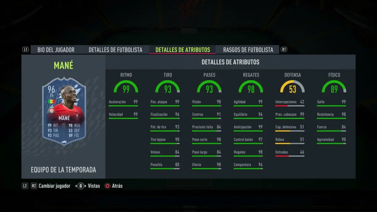 Stats in game Mané TOTS FIFA 22 Ultimate Team