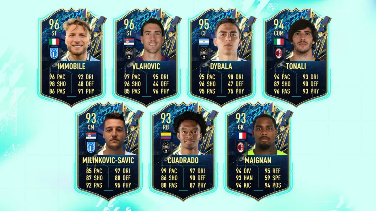 Supuestas cartas TOTS Immobile, Vlahovic, Dybala, Tonali, Milinkovic-Savic, Cuadrado y Maignan FIFA 22 Ultimate Team