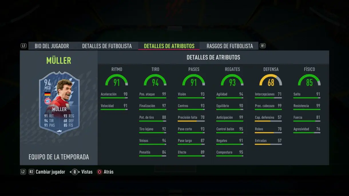 Stats in game Müller TOTS FIFA 22 Ultimate Team