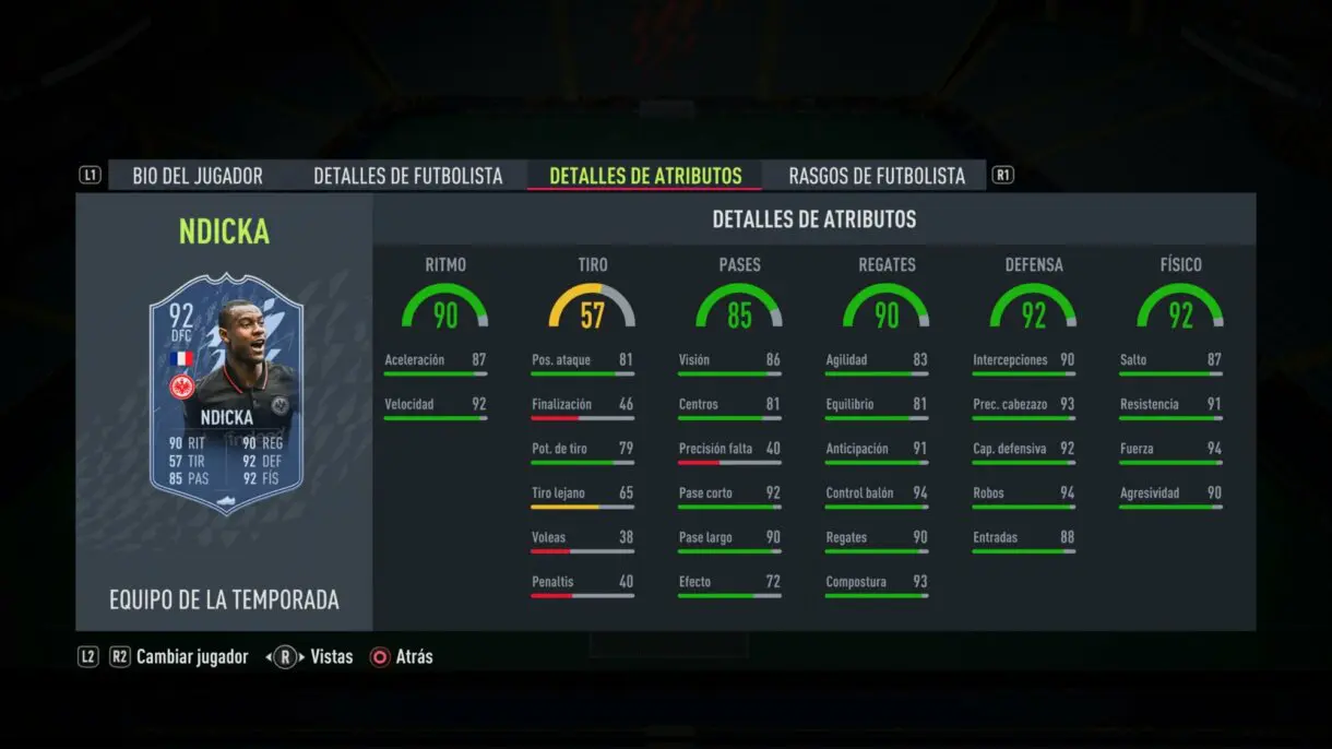 Stats in game Ndicka TOTS FIFA 22 Ultimate Team