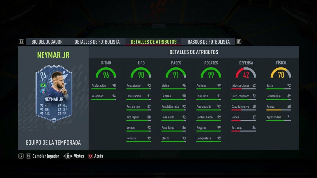 Stats in game Neymar TOTS FIFA 2 Ultimate Team