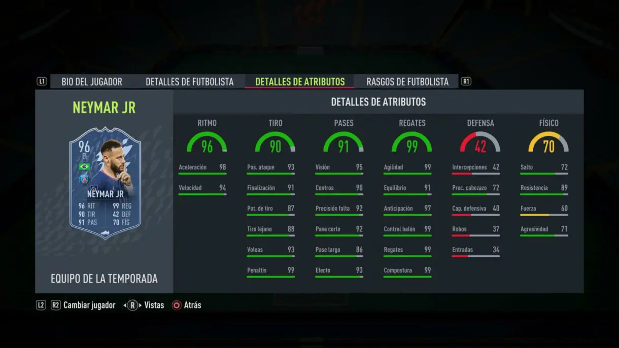 Stats in game Neymar TOTS FIFA 2 Ultimate Team