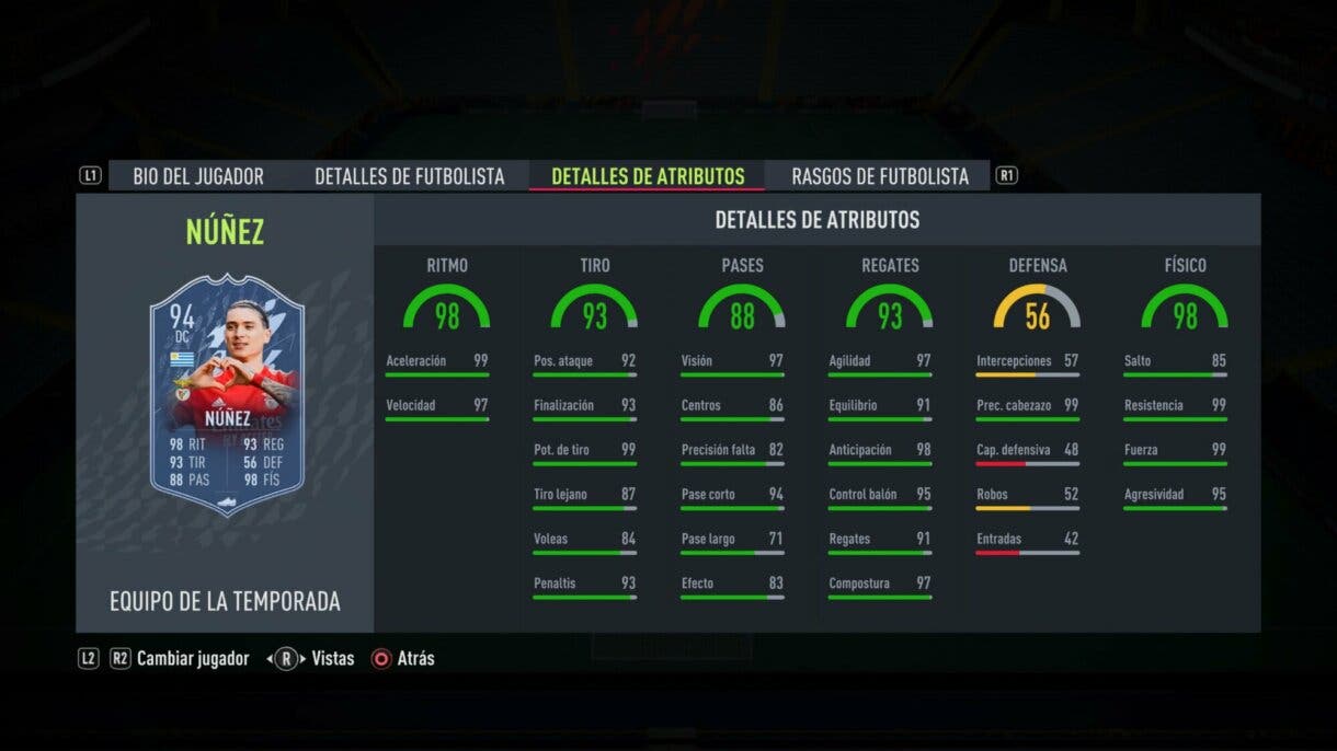 Stats in game Darwin Núñez TOTS FIFA 22 Ultimate Team