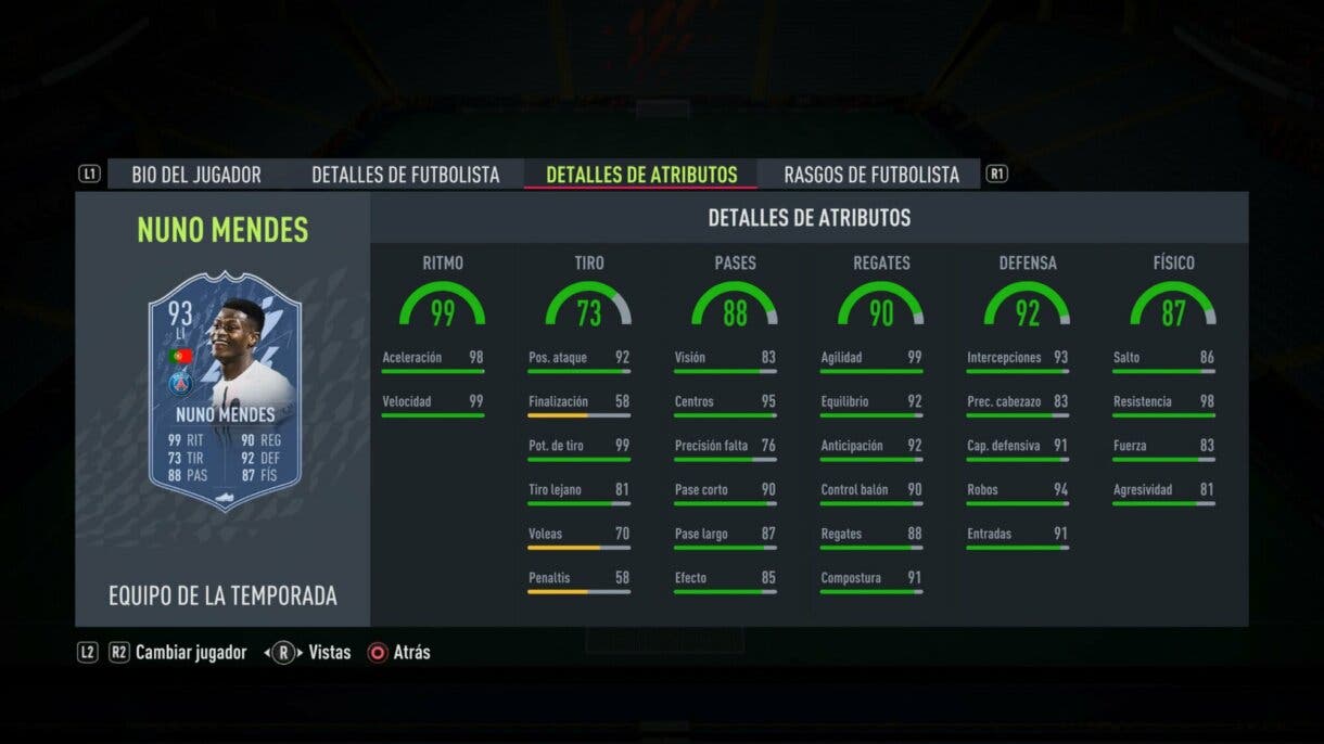 Stats in game Nuno Mendes TOTS FIFA 2 Ultimate Team