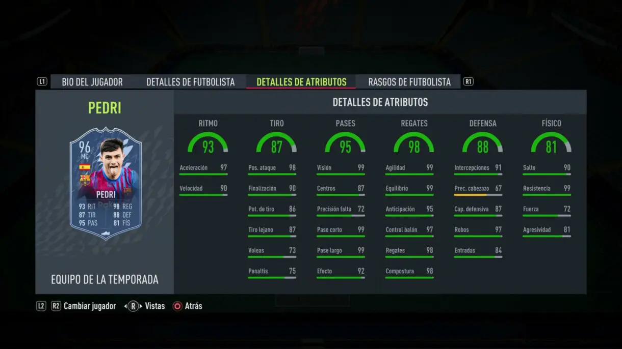 Stats in game Pedri TOTS FIFA 22 Ultimate Team