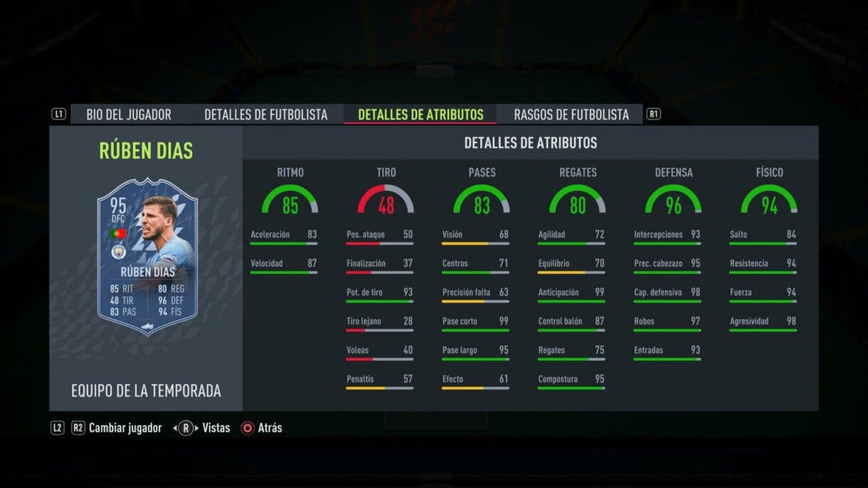 Stats in game Rúben Dias TOTS FIFA 22 Ultimate Team