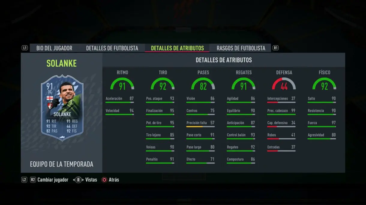 Stats in game Solanke TOTS FIFA 22 Ultimate Team