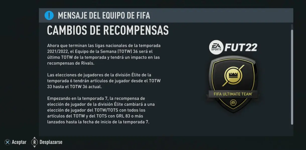 Mensaje EA Sports sobre el cambio de recompensas en Division Rivals FIFA 22 Ultimate Team