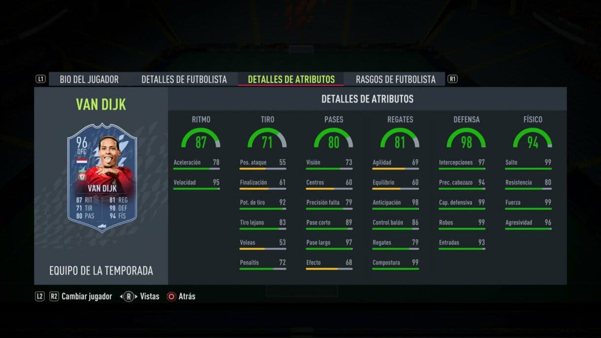 Stats in game Van Dijk TOTS FIFA 22 Ultimate Team