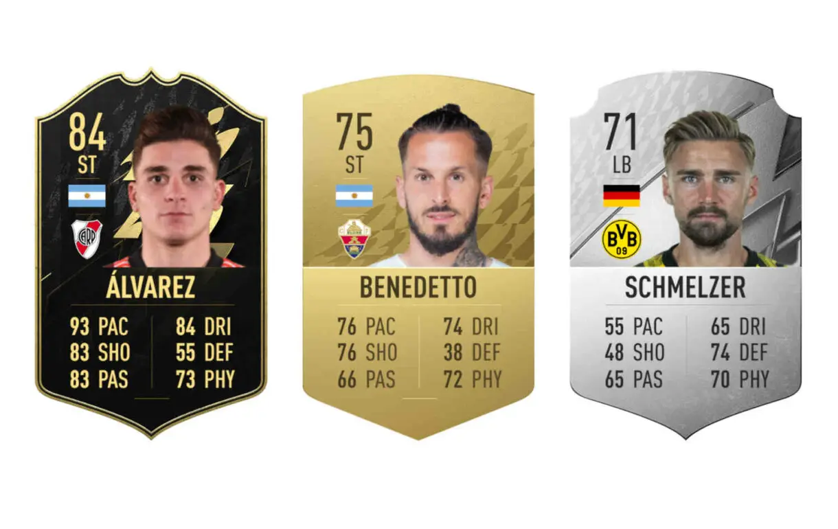 Cartas Julián Álvarez SIF, Benedetto oro y Schmelzer plata FIFA 22 Ultimate Team