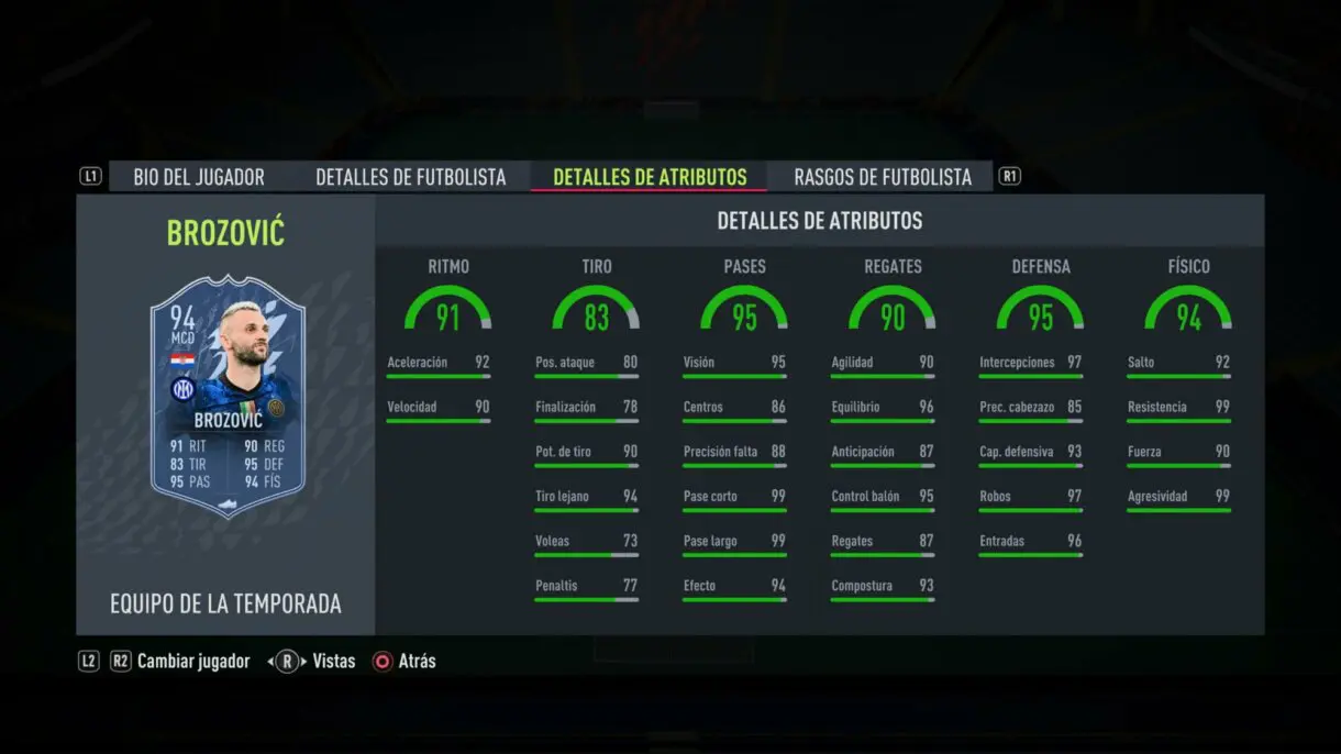 Stats in game Brozovic TOTS FIFA 22 Ultimate Team