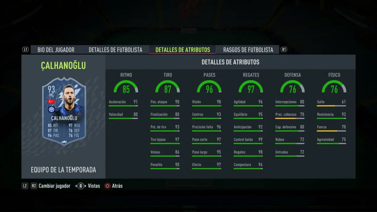 Stats in game Çalhanoglu TOTS FIFA 22 Ultimate Team