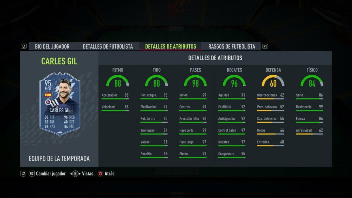 Stats in game Carles Gil TOTS FIFA 22 Ultimate Team