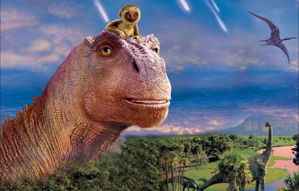 Cartel de la película Dinosaurio, con Áladar mirando al espectador