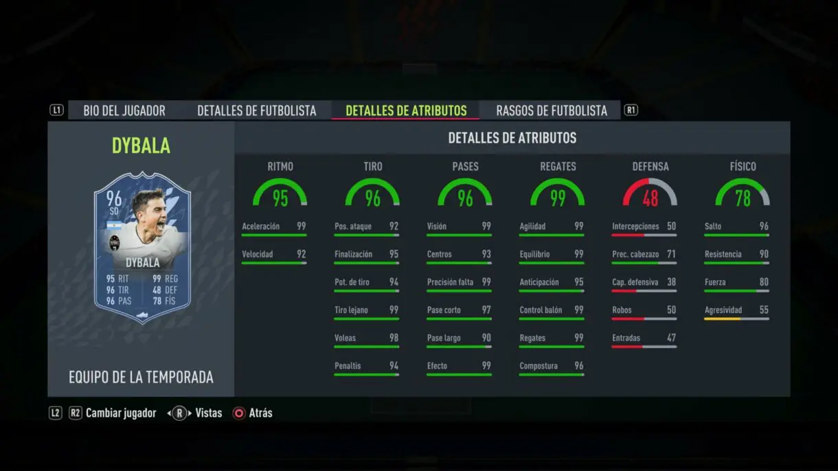 Stats in game Dybala TOTS FIFA 22 Ultimate Team