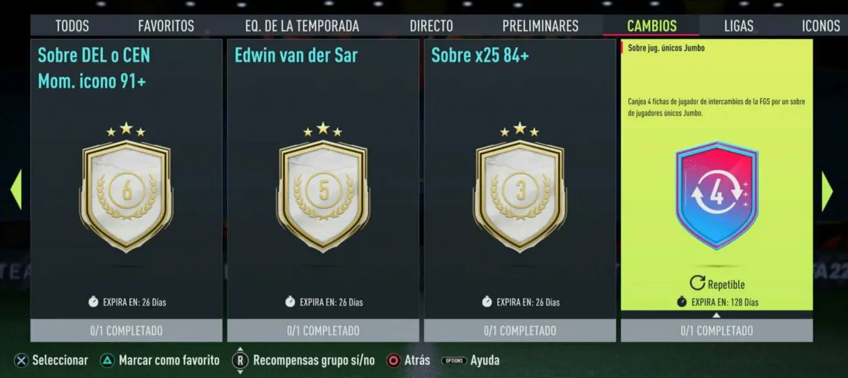 Menú SBC´s apartado "Cambios" FIFA 22 Ultimate Team
