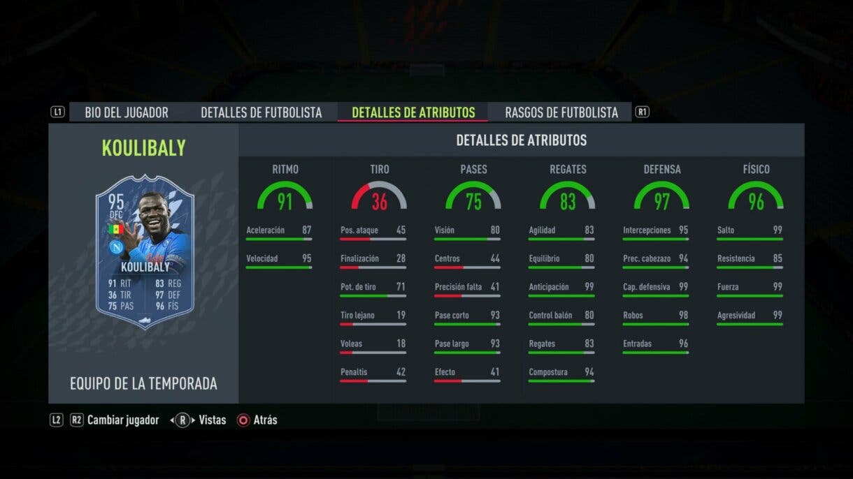 Stats in game Koulibaly TOTS FIFA 22 Ultimate Team