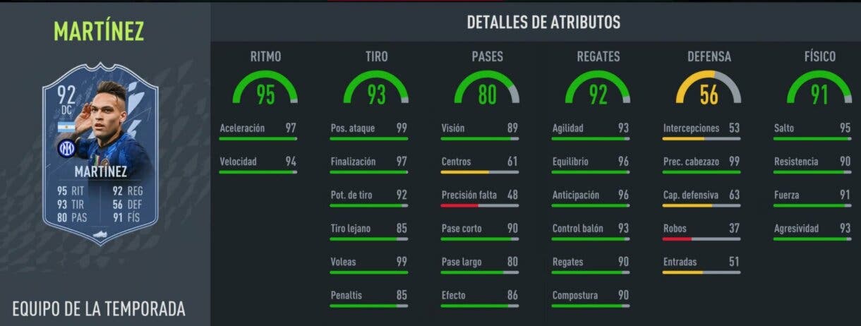 Stats in game Lautaro Martínez TOTS FIFA 22 Ultimate Team