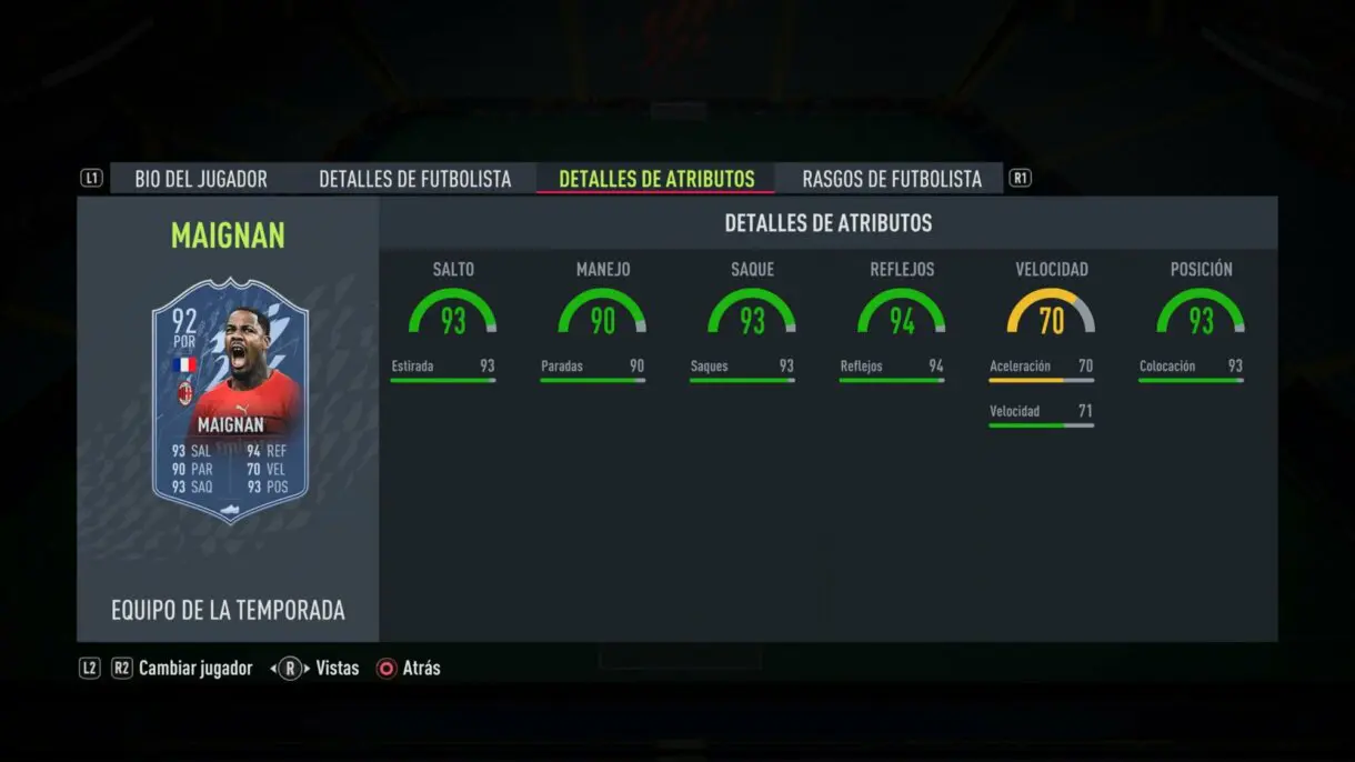 Stats in game Maignan TOTS FIFA 22 Ultimate Team