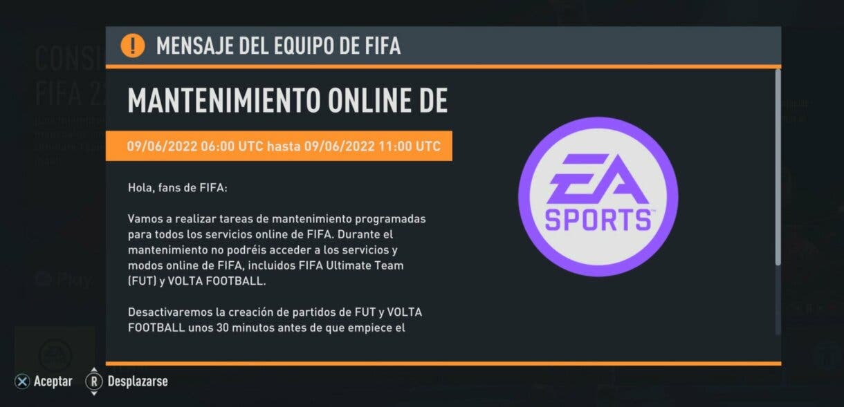 Mensaje de mantenimiento online programado para FIFA 22