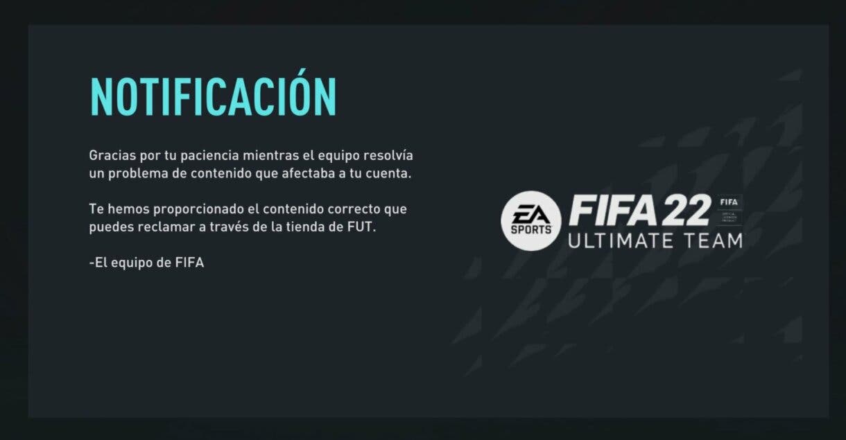 Notificación de EA Sports sobre los packs de TOTS EFIGS asegurado FIFA 22 Ultimate Team