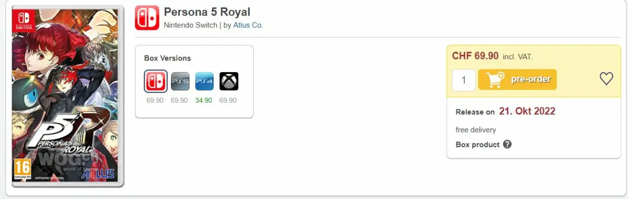 persona 5 royal listado en una tienda para Switch