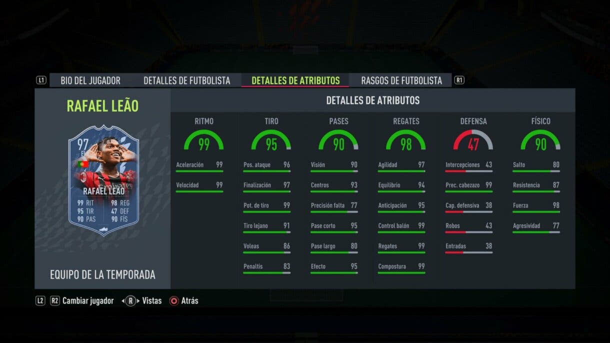Stats in game Rafael Leao TOTS FIFA 22 Ultimate Team