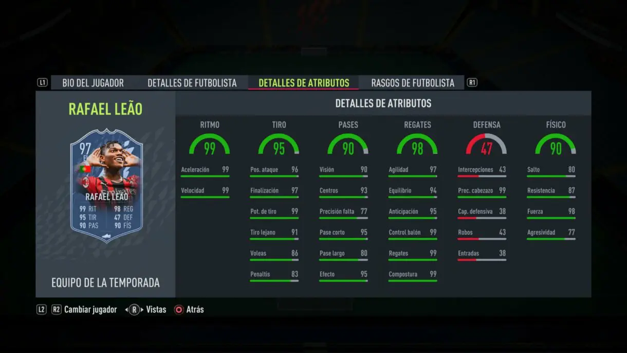 Stats in game Rafael Leao TOTS FIFA 22 Ultimate Team
