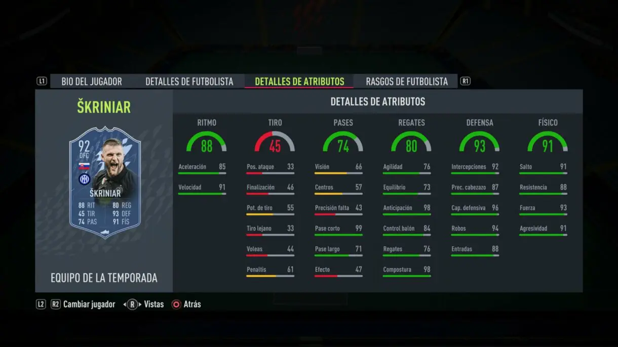 Stats in game Skriniar TOTS FIFA 22 Ultimate Team
