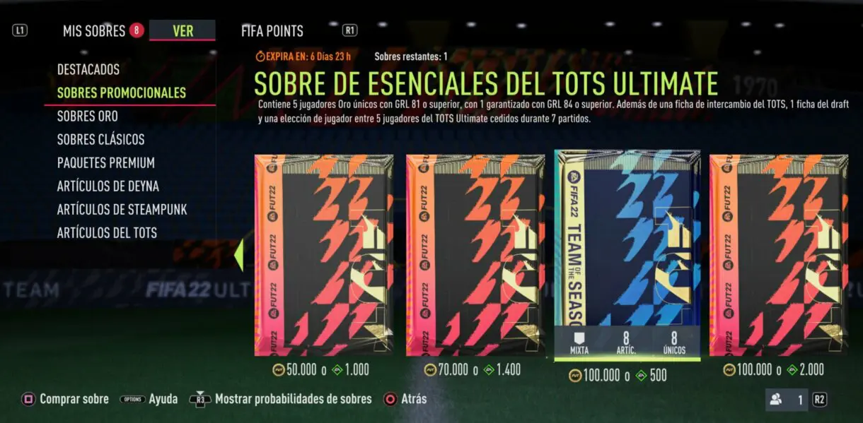 Apartado Sobres Promocionales de la tienda de FIFA 22 Ultimate Team