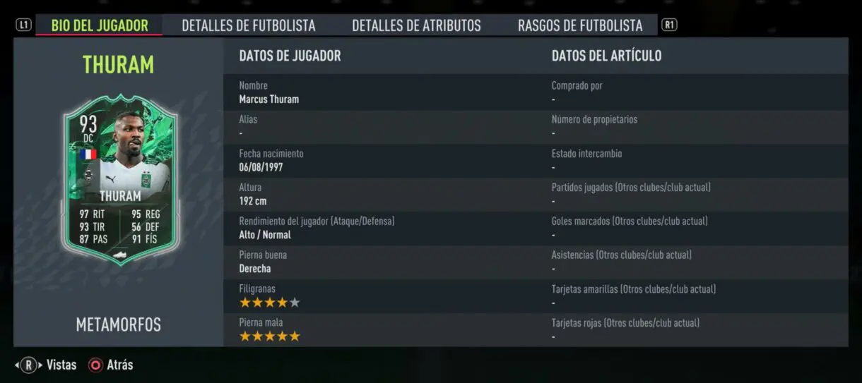 Datos de jugador de Thuram Shapeshifters FIFA 22 Ultimate Team