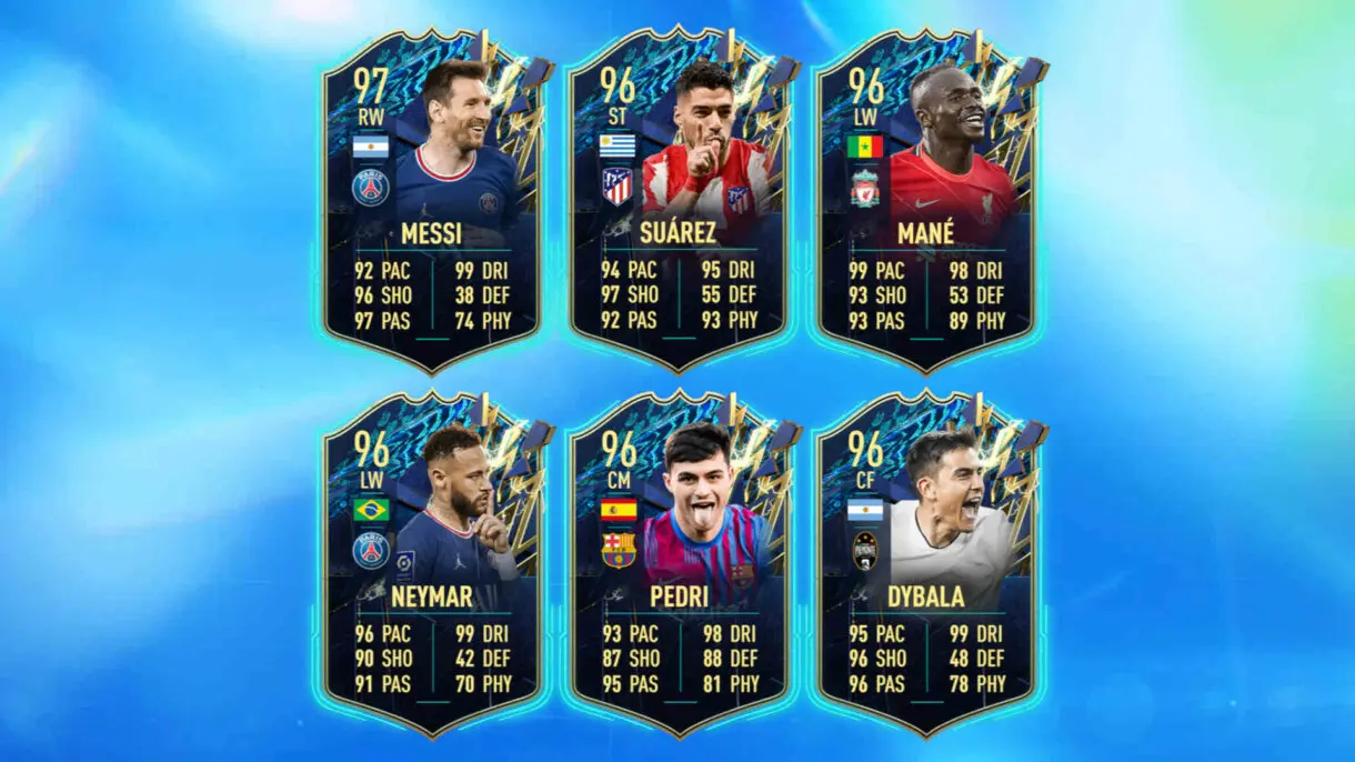 Cartas TOTS Messi, Suárez, Mané, Neymar, Pedri y Dybala FIFA 22 Ultimate Team