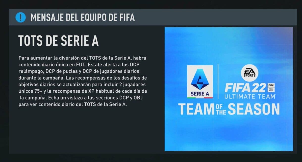 Mensaje EA Sports sobre el contenido en FIFA 22 Ultimate Team durante la semana del TOTS de la Serie A.