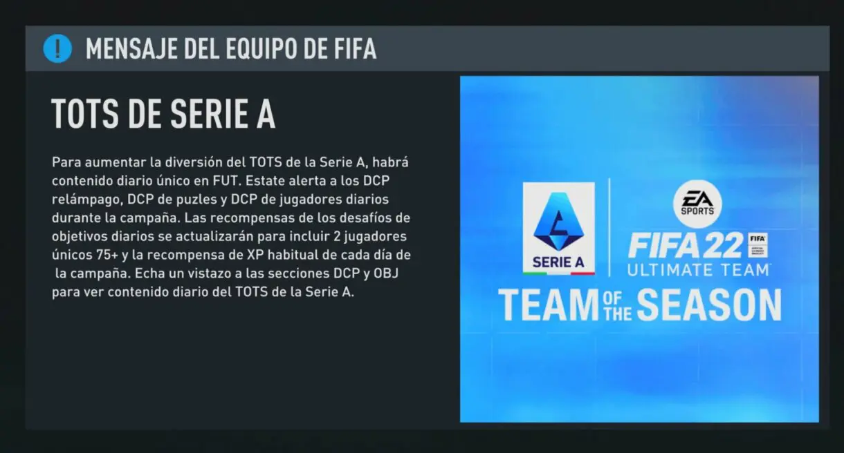Mensaje EA Sports sobre el contenido en FIFA 22 Ultimate Team durante la semana del TOTS de la Serie A.