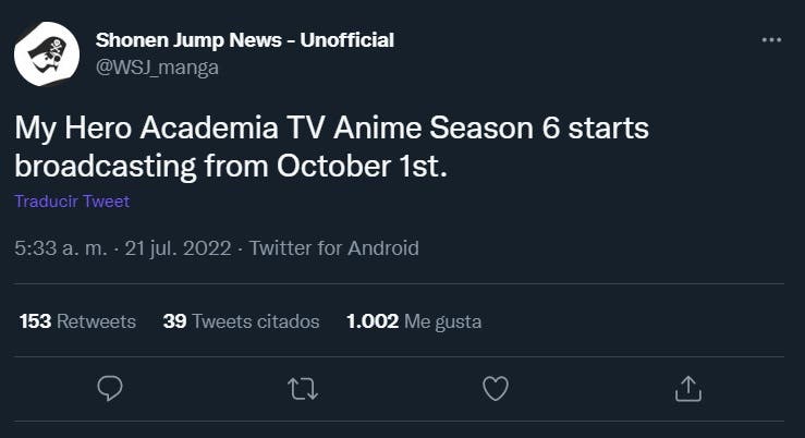 La temporada 6 de My Hero Academia se estrenará el 1 de octubre